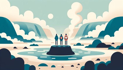 Minimalistic flat design of three people from different backgrounds standing at the edge of a geothermal hot spring, representing unity in experiencing natural wonders against a steamy backdrop.