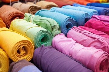 rolls of dyed fabric in a textile factory