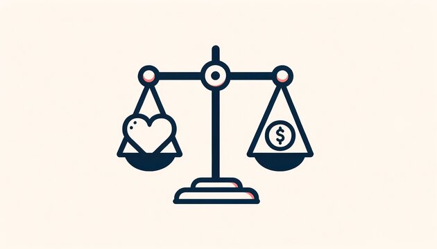 Simple design of a balance scale, with a heart on one side and a coin on the other, representing the balance between human value and material wealth on a plain background.
