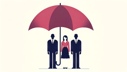 Minimalistic flat design of three people of different backgrounds standing beneath a single umbrella, representing unity and shared protection during challenges
