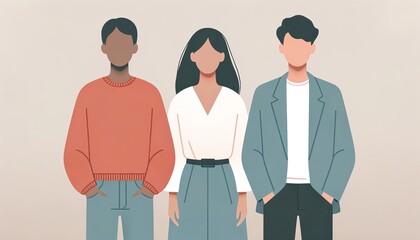 Flat illustration of three diverse individuals, two males and one female, of different skin tones standing side by side on a muted background