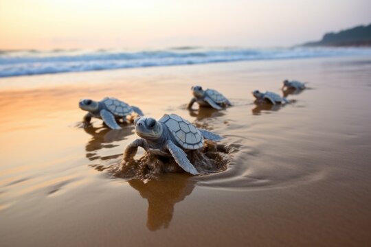 hatchling turtles crawling towards ocean waves
