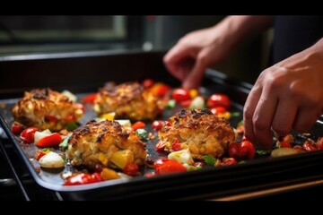 hand plate-pulling crab cakes from oven