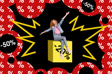 Creative magazine collage image of funky carefree lady enjoying huge shopping sale isolated colorful background