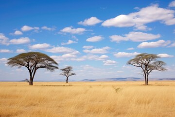 flat top acacia trees on the serengeti plains - obrazy, fototapety, plakaty