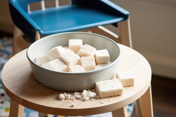 organic rice cake pieces scattered on a high chair tray