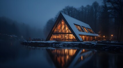 Triangular modern lake house in a misty forest at night in winter scene