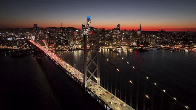 Oakland Bay Bridge At Oakland In California United States. Downtown City Skyline. Transportation Scenery. Oakland Bay Bridge At Oakland In California United States. 