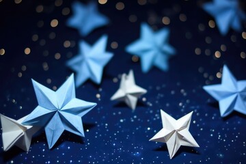 close-up of delicate origami stars on a night-blue background