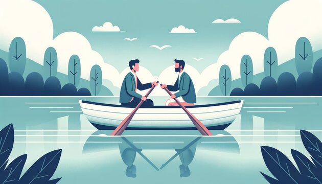 Flat illustration of two diverse individuals rowing a boat together, symbolizing teamwork and collaboration against a calm waterscape backdrop.