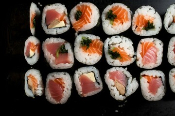 An overhead view of sushi rolls containing boiled rice and salmon. Generative AI