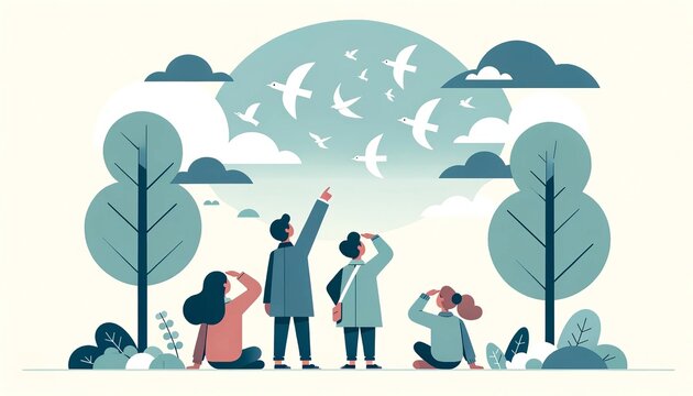 Simple flat design of three diverse characters watching birds in the sky, representing shared moments of peace and observation, set against a clear day backdrop