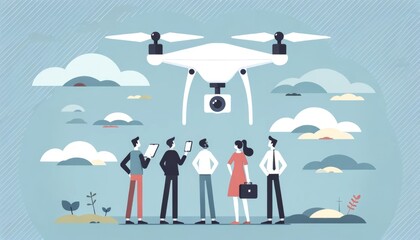 Obraz premium Simple flat design of three diverse characters examining a drone in flight, emphasizing collaboration, curiosity, and technological advancements against a clear sky
