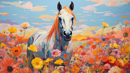 Horse with his foul in a field of flowers - obrazy, fototapety, plakaty