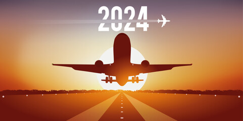 Carte de vœux 2024 pour les compagnies aériennes, montrant un avion qui décolle de la piste d’un aéroport, devant un coucher de soleil. - 666454541