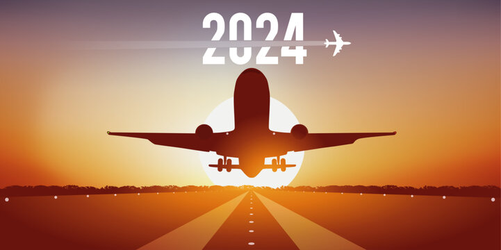 Carte de vœux 2024 pour les compagnies aériennes, montrant un avion qui décolle de la piste d’un aéroport, devant un coucher de soleil.