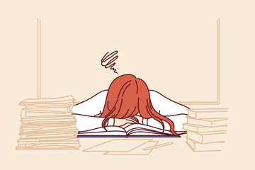 Woman teacher sleeps at desk among students books and workbooks and needs rest due to overwork or burnout. Girl teacher feels exhausted and lacks strength to continue fulfilling professional duties.
