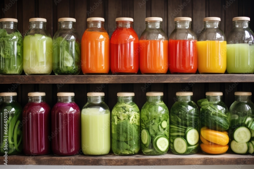 Canvas Prints freshly juiced vegetables in glass bottles on a shelf