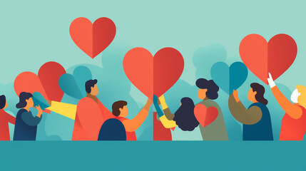 Charity illustration concept with abstract, diverse persons, hands and hearts.