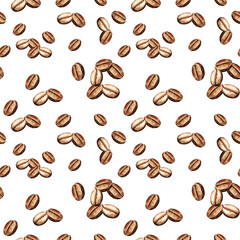 watercolor seamless pattern with coffee beans, pattern of coffee theme, hand drawn illustration of brown coffee seeds isolated on white background