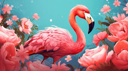 Tuinposter Illustration of a bird flamingo with daisy flowers © Fauzia