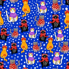 Cute little happy Cats with winter Clothes seamless background. Different cats sitting with clothes under the snow