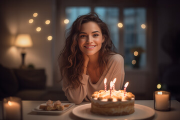 a young woman in front of an incandescent lit birthday cake in her house, party and anniversary concept, Generative Ai.