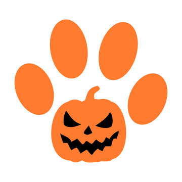 Logo pet friendly. Silueta de zarpa de perro o gato con calabaza de Halloween para su uso en invitaciones y tarjetas