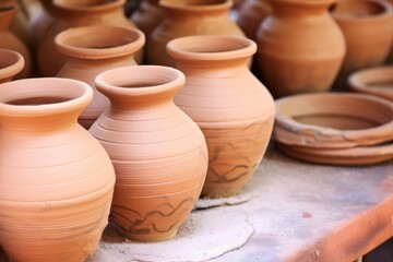Fototapeta na wymiar close-up of unfinished clay pots on pottery wheel