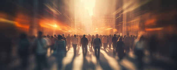 Crowd of people walking on busy street city in motion blur.