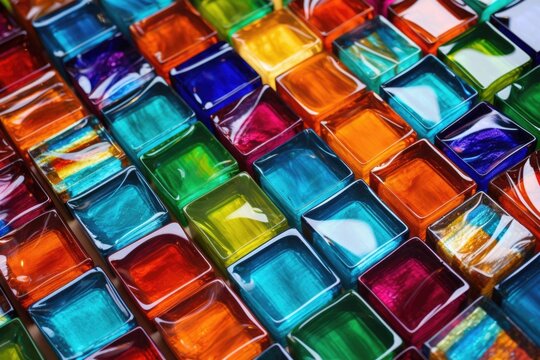 display of vibrant, multicolored glass tiles