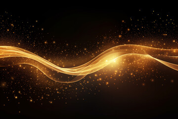 Digital gold particles wave and light abstract background with shining dots stars.