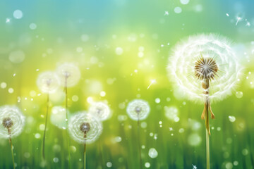 Dandelion fluff. Spring winds send the fluff on a journey. We pray for a successful arrival after overcoming a challenging journey. A concept for spring and adventures.