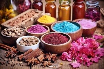 variety of soap crafting additives: dried flowers, spices, and cocoa beans