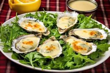 grilled oysters on a bed of greens with garlic sauce in a bowl