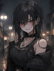 Goth Anime / Manga Girl at Night - (Victorian Era, Gothic Fashion, Corset, Lace, Black, Dark, Makeup, Nails, Eyes, Close Up, Manga girl, Pretty anime girl, Jewellery, Jewelry, Nightlife, Night, Art)