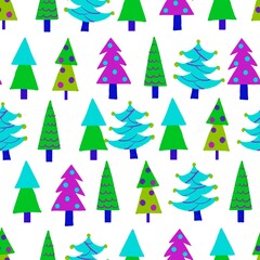 Bright Pine trees with Christmas decoration on white background. Raster seamless pattern.