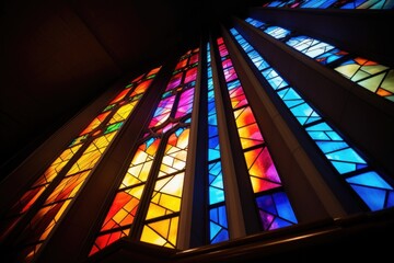 diagonal view of an illuminated church stained glass window