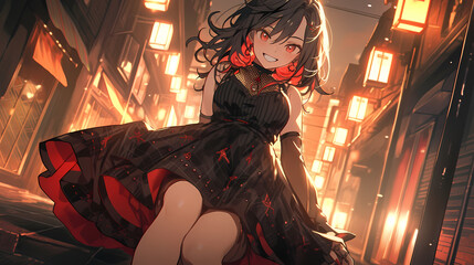 Goth Anime / Manga Girl at Night - (Victorian Era, Gothic Fashion, Corset, Lace, Black, Dark, Makeup, Nails, Eyes, Close Up, Manga girl, Pretty anime girl, Jewellery, Jewelry, Nightlife, Night, Art)