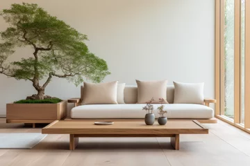 Fotobehang A spacious living room showcasing a low-profile wooden sofa adorned with muted-tone cushions. A singular bonsai tree stands as the centerpiece, emphasizing minimalism and connection to nature © GustavsMD