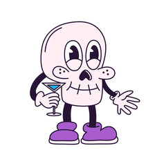Spooky skull vintage toons, funny character, trendy classic retro cartoon style. Happy Halloween. Contour vector illustration isolated on white background.