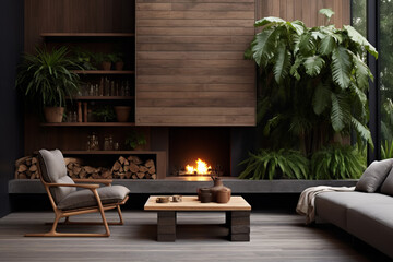 Contrasting light wooden tones from Nordic designs merge seamlessly with dark-stained Japanese woods, contemporary fireplace - obrazy, fototapety, plakaty