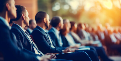 Blurred business People Audience Meeting Conference Seminar Concept. People attend Seminar on a sunny fall day in the park