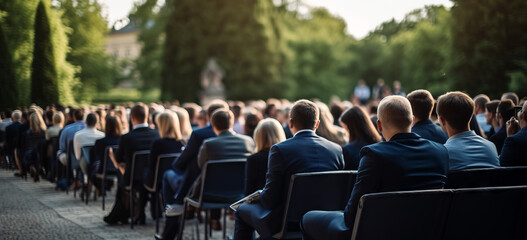 Blurred business People Audience Meeting Conference Seminar Concept. People attend Seminar on a sunny fall day in the park