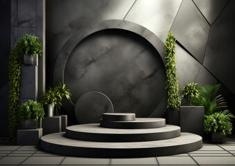 3d render with empty black marble podiums and green plants