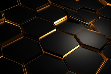 Luxury hexagonal abstract black metal background with golden light lines. Dark 3d geometric texture illustration.