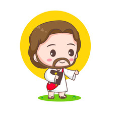 Cute Jesus Christ cartoon character. Christian religion concept design. Hand drawn Chibi character clip art sticker Isolated white background. Vector art illustration