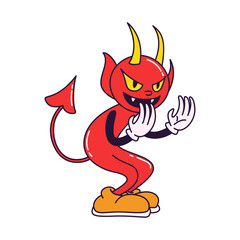 Spooky red devil vintage toons, funny character, trendy classic retro cartoon style. Happy Halloween. Contour vector illustration isolated on white background.