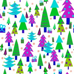 Bright Pine trees with Christmas decoration on white background. Raster seamless pattern.