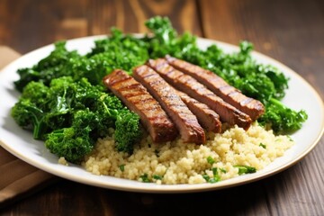 grilled seitan steak on bed of cooked quinoa